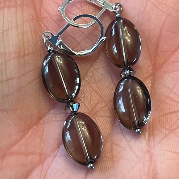 New Smoky Quartz & Labradorite & Swarovski Crystal Earrings on Sterling Silver - Picture 2 of 7